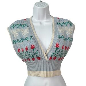 Urban Outfitters Sweater vest Crop Sleeveless XS Blue Cherries Butterfly Womens